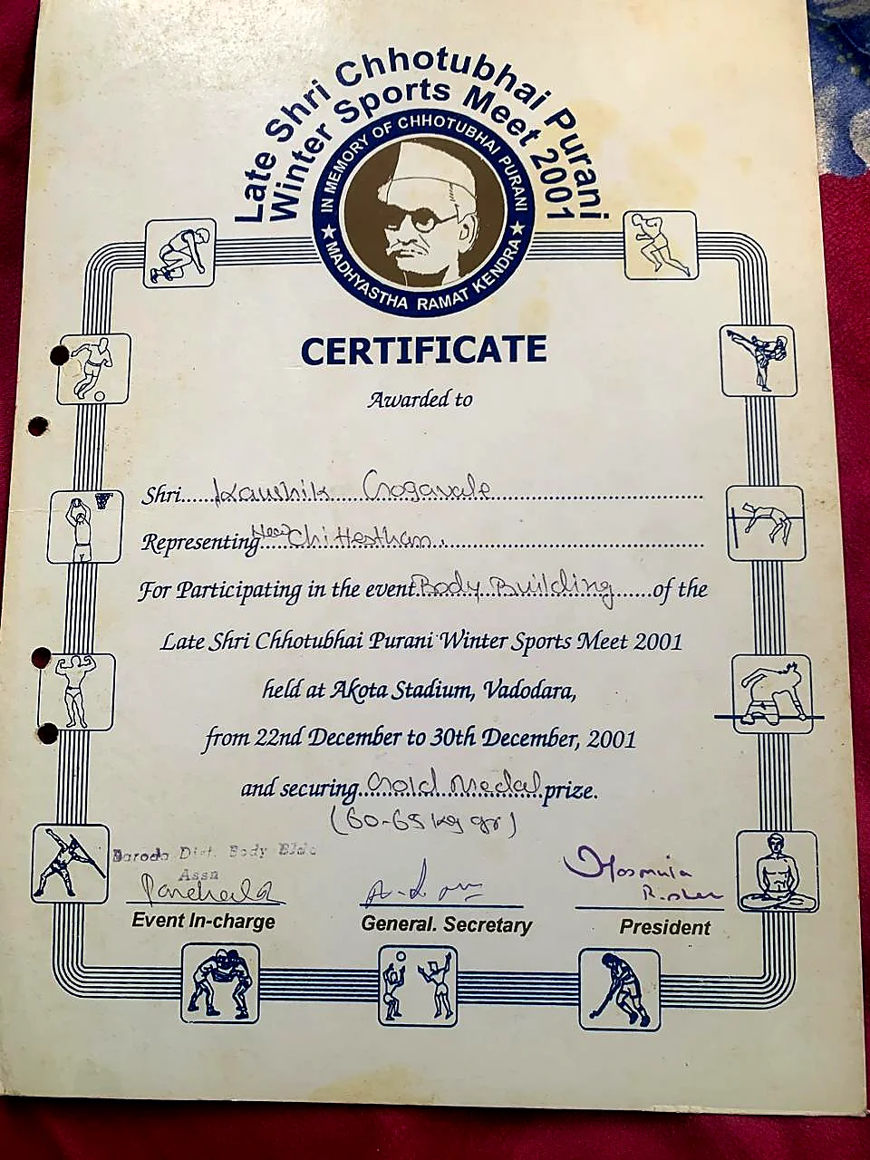 Chhotubhai Purani Winter Sports Meet 2001 — Certificate I
