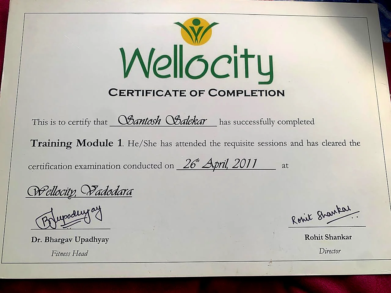 Wellocity Fitness — Training Module 1 Certificate 2011